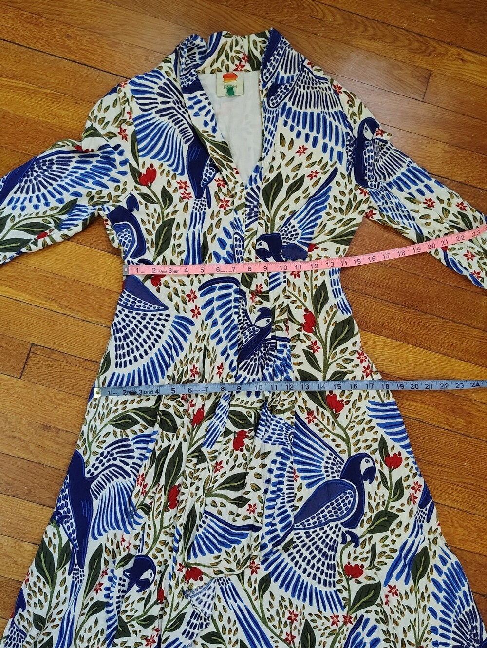FARM RIO Macaw Midi Dress Sz Medium Resort Vacation Colorful Blue Bird Print - Picture 13 of 13